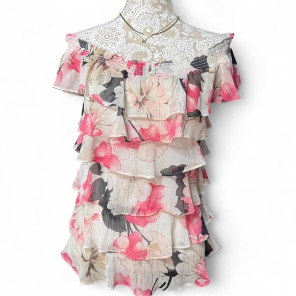 White House Black Market XS Off Shoulder Floral Ruffle Tiered Top Blouse Boho - Picture 2 of 7